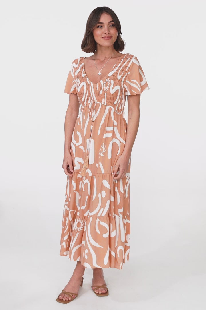 Amaya Midi Dress - Shirred Cap Sleeve A Line Dress in Daley Print Beige