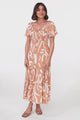 Amaya Midi Dress - Shirred Cap Sleeve A Line Dress in Daley Print Beige