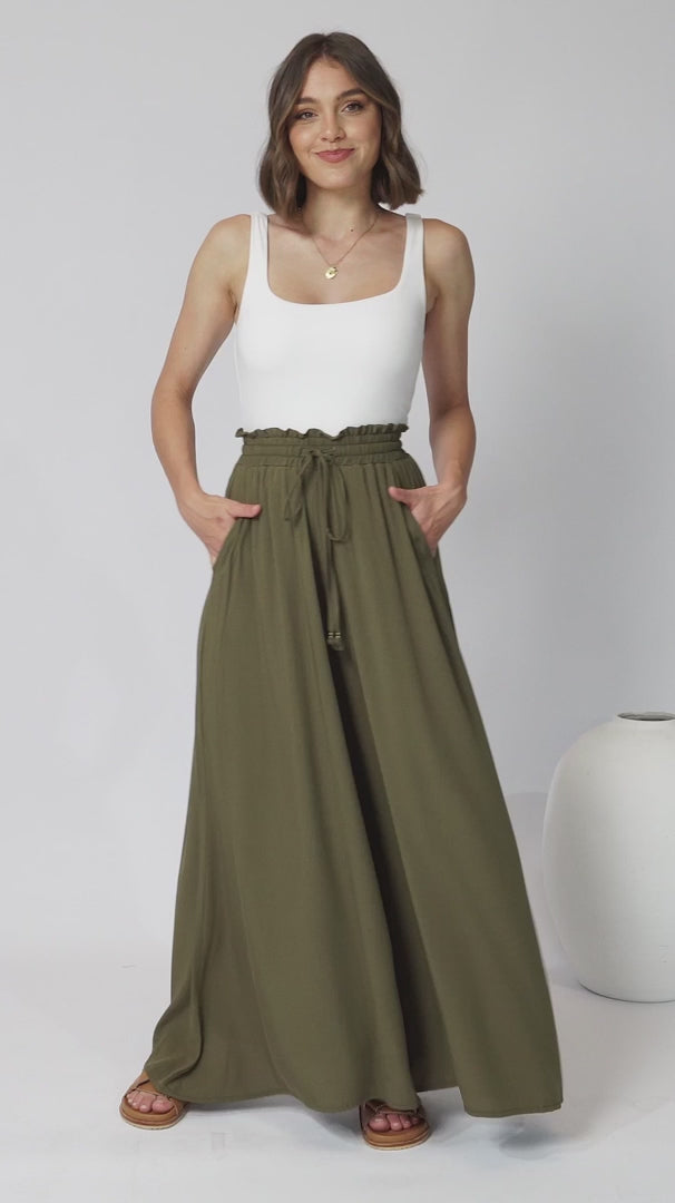 Charli Pants - Paper Bag High Waisted Wide Leg Pants in Olive