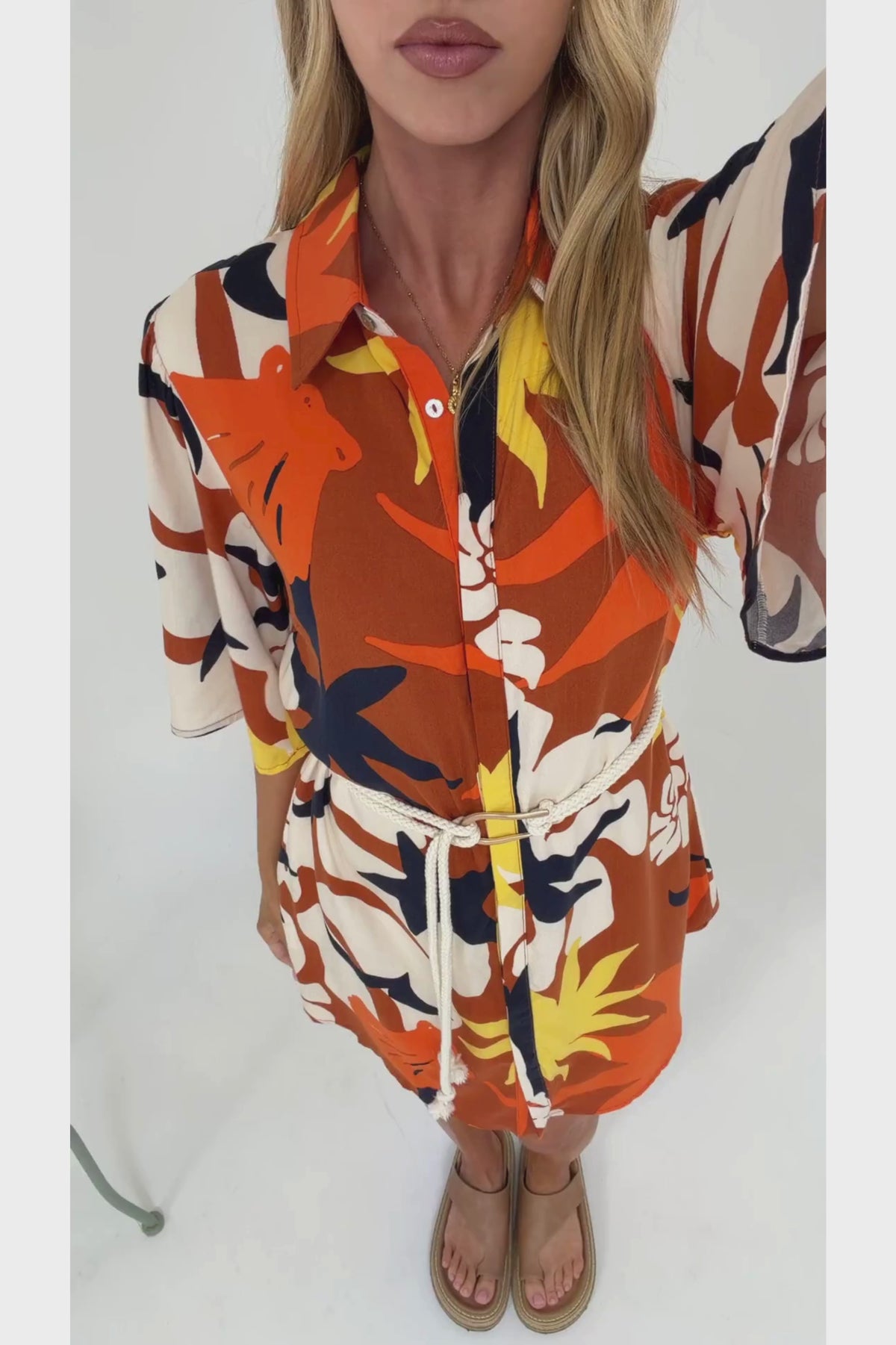 Catalina Mini Dress - Shirt Dress with Bell Sleeves and Rope Belt in Simba Print
