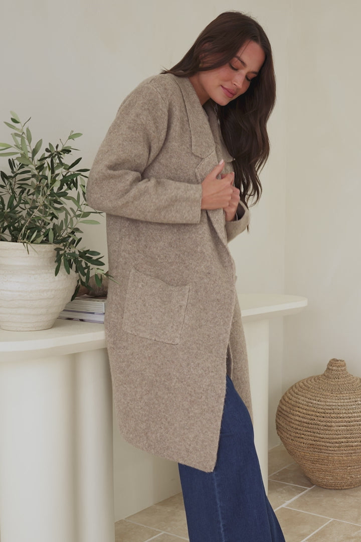 Samson Cardigan - Folded Lapel Collar Coatigan with Pockets in Taupe