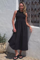 Vikki Midi Dress - Jersey Bodice Sleeveless A-Line Dress in Black