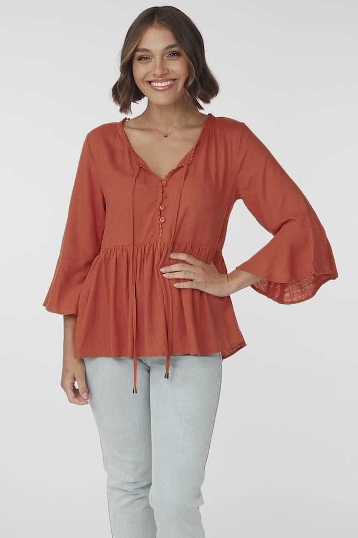 Sandy Top - Crochet Neckline Buttoned Bodice Flare Sleeve Smock Top in Tan