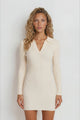 Rhode Mini Dress - Wing Collar Ribbed V Neck Knit Dress in Cream