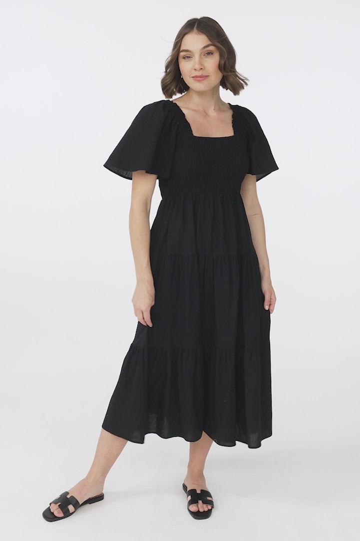 Maraya Midi Dress - Cape Sleeve Elasticated Bodice A-Line Dress in Black