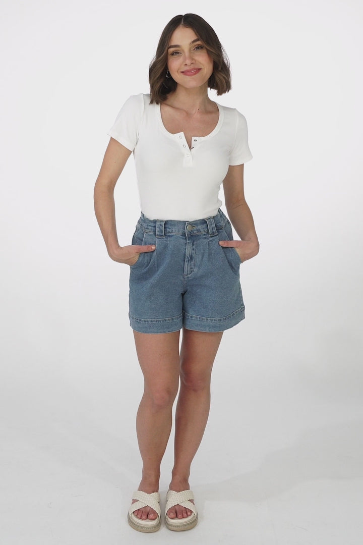 Blaine Denim Shorts - Elasticated High Waisted Boyfriend Shorts in Mid Wash Denim