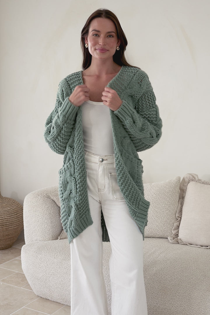 Beckett Cardigan - Open Front Chunky Cable Knit with Pockets in Sage