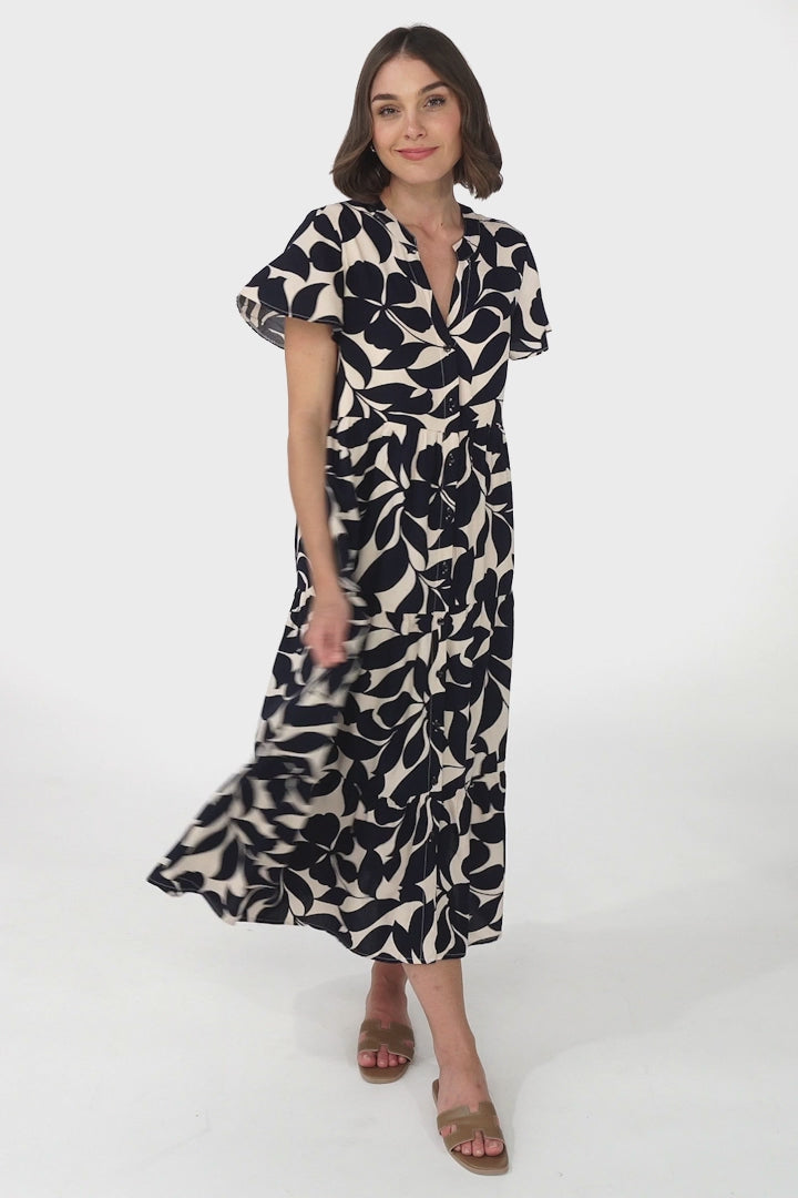 Milla Midi Dress - Tiered Button Down Dress in Kiera Print Navy