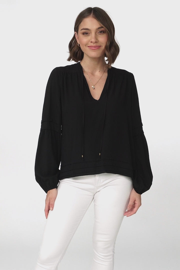 Albany Top - Pleating Details Pull Over Top With Long Balloon Sleeves In Black