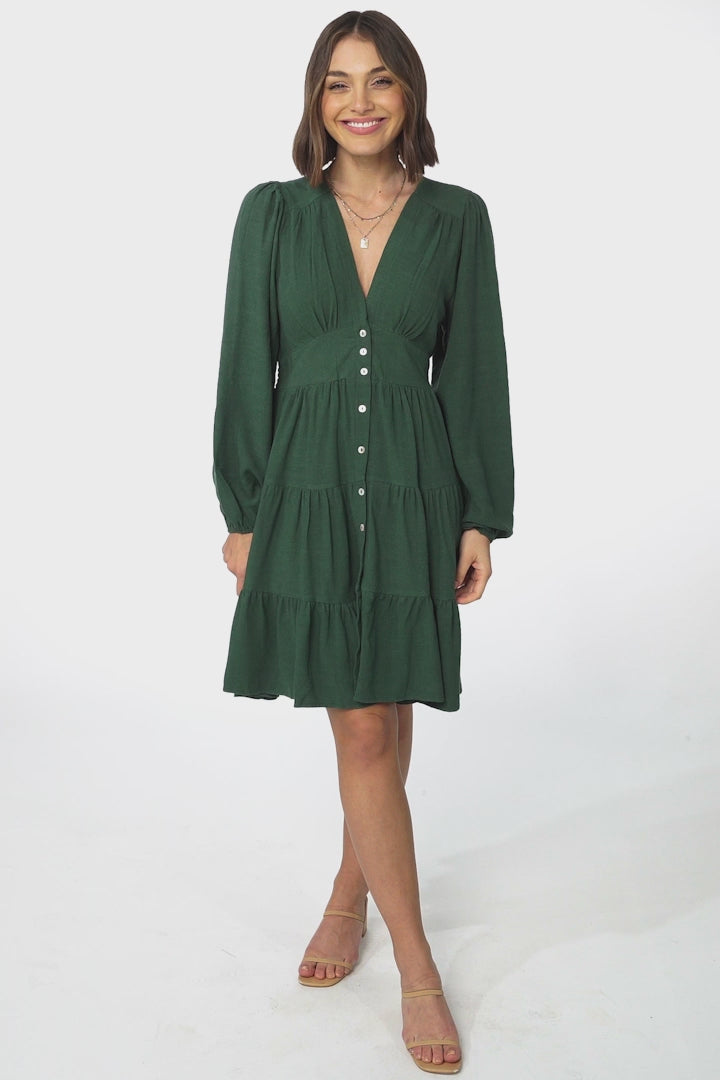 Soho Mini Dress -  A Line Button Down Tiered Dress In Emerald