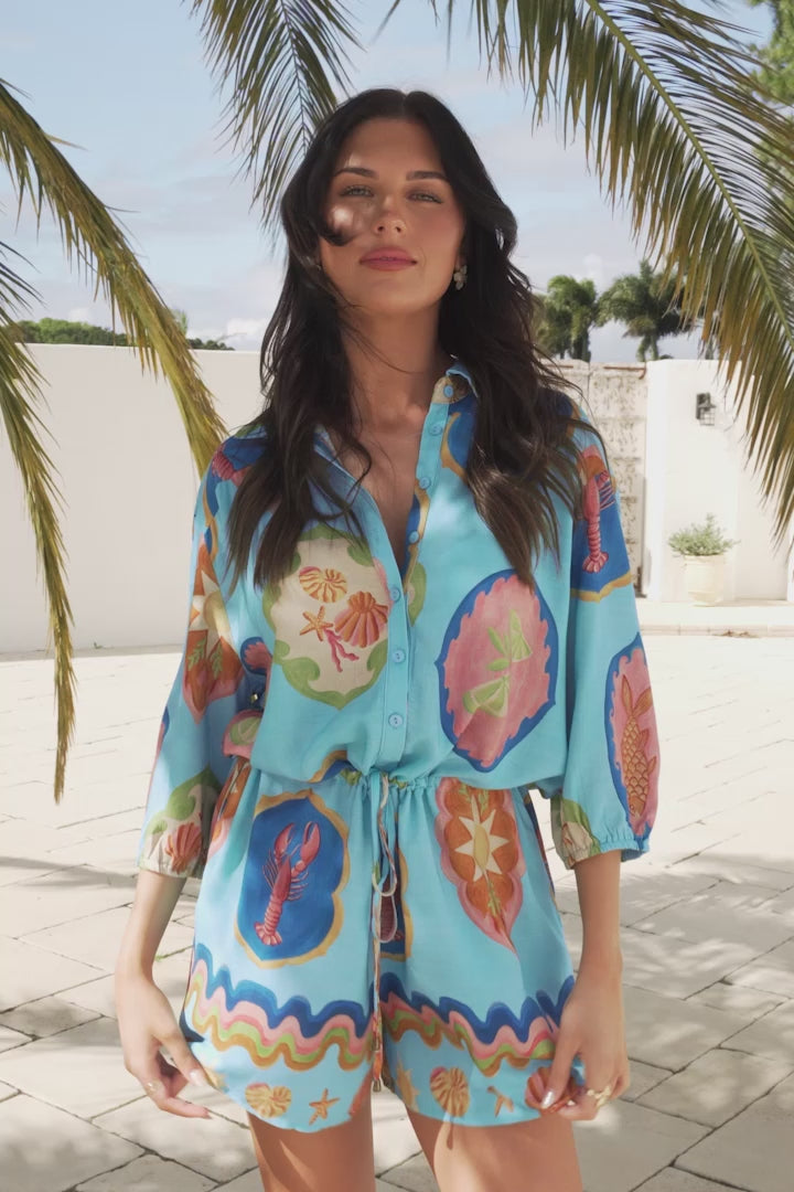 Loula Playsuit - Collared Buttoned Bodice Playsuit with Drawstring Waist in Boardwalk Print