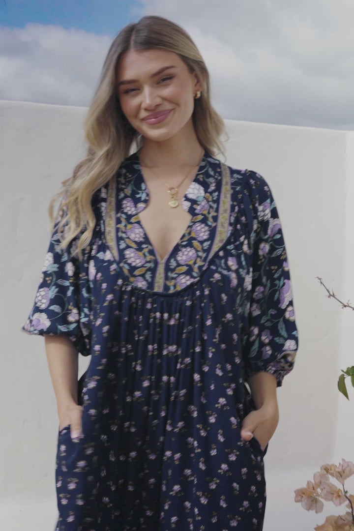 JAASE - Boheme Midi Dress: Piping Defined Bust Slimline Smock Dress In Wild Indigo Print