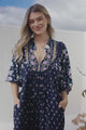 JAASE - Boheme Midi Dress: Piping Defined Bust Slimline Smock Dress In Wild Indigo Print