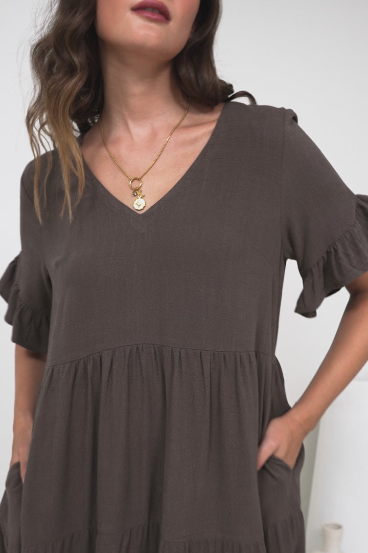 Audrina Midi Dress -  V-Neck Tiered Linen Dress with Pockets in Chocolate