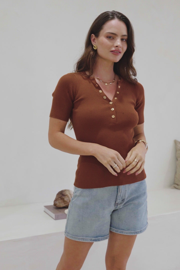 Zian Knit Top - Gold Button Neckline Ribbed Knit Top in Rust