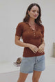 Zian Knit Top - Gold Button Neckline Ribbed Knit Top in Rust