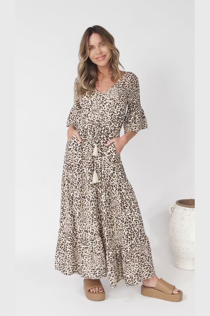 Rae Maxi Dress - Buttoned Bodice Pull Waist A Line Dress in Perrie Print