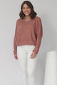 Joanne Knit Top - Crew Neckline Bat Wing Long Sleeve Top in Guava