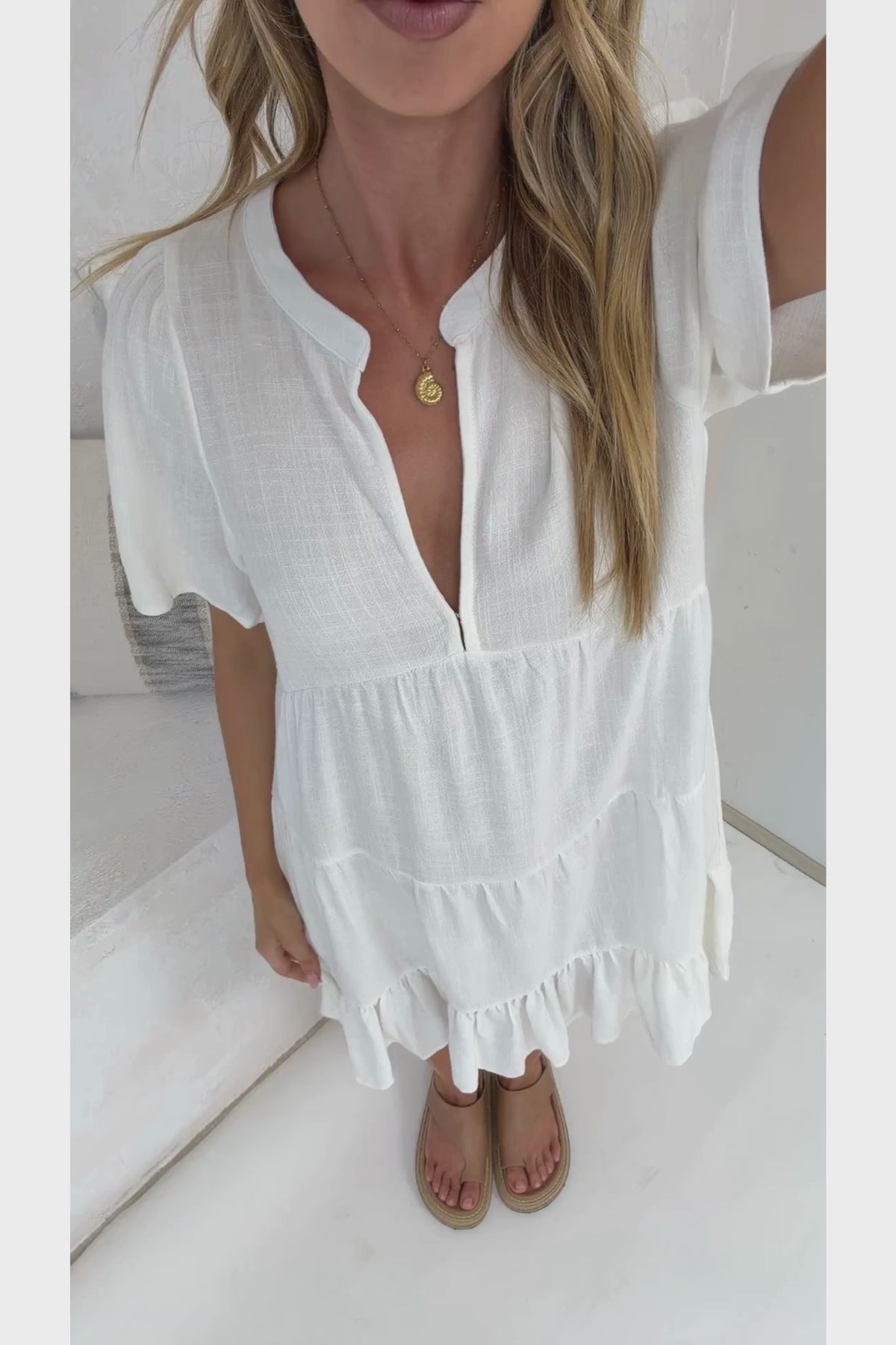 Atrina Mini Dress - Split V-Neck Tiered Dress with Short Sleeves in White