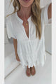 Atrina Mini Dress - Split V-Neck Tiered Dress with Short Sleeves in White