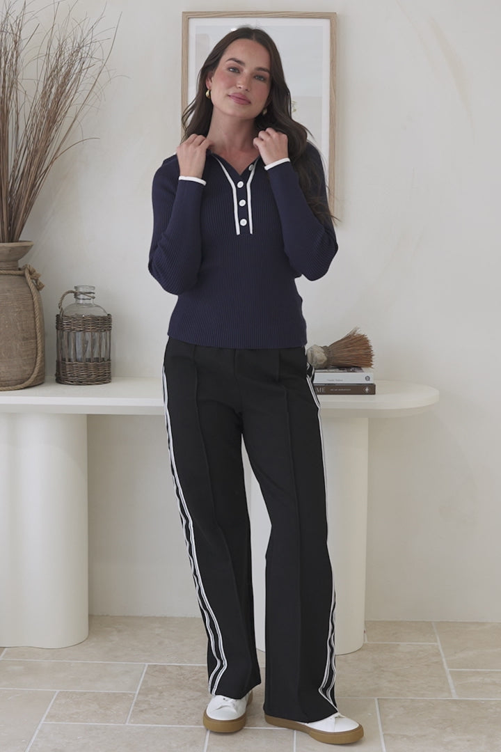 Landon Knit Top - Wing Collar Ribbed Knit with Contrast Trims and Buttoned Neckline in Navy