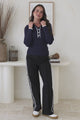 Landon Knit Top - Wing Collar Ribbed Knit with Contrast Trims and Buttoned Neckline in Navy