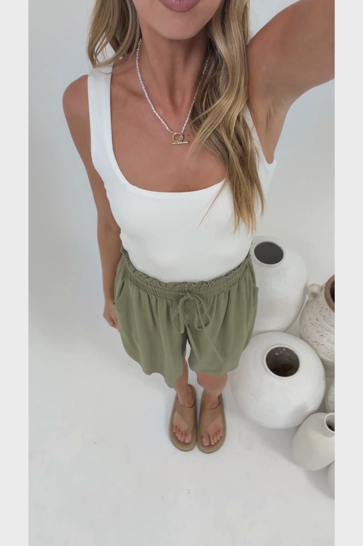 Aiden Shorts - High Waisted Longline Linen Shorts with Pockets in Khaki
