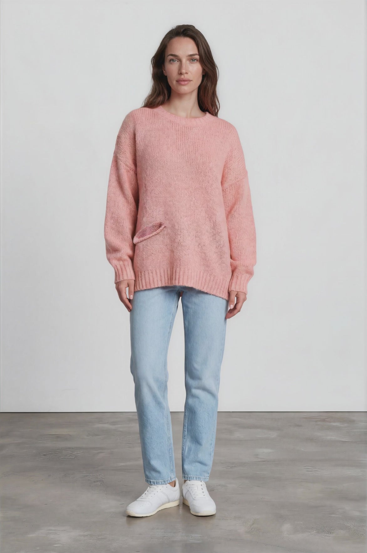 Caesar Jumper - Crew Neck Long Knit with Pocket and Ribbed Hemlines in Pink