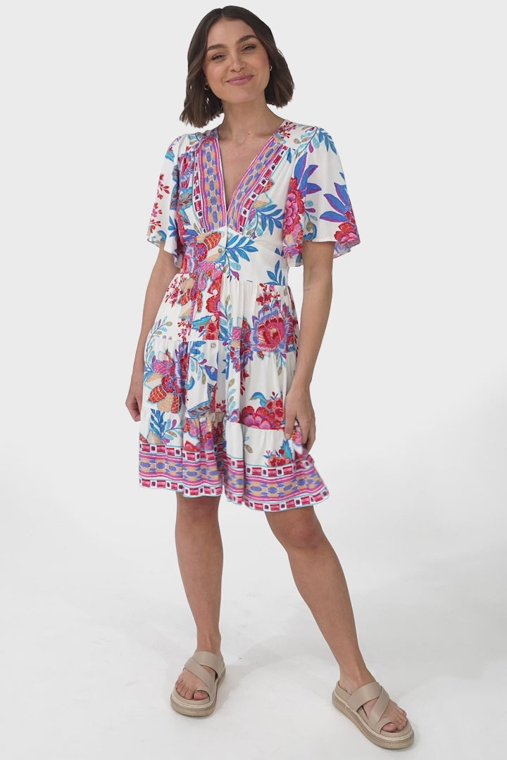 Sana Mini Dress - Bell Sleeve Button Down V Neck Dress in Ashtyn Print