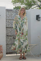Celita Maxi Dress - Deep V Neck Dress with Flowing Balloon Sleeves in Kamara Print Green