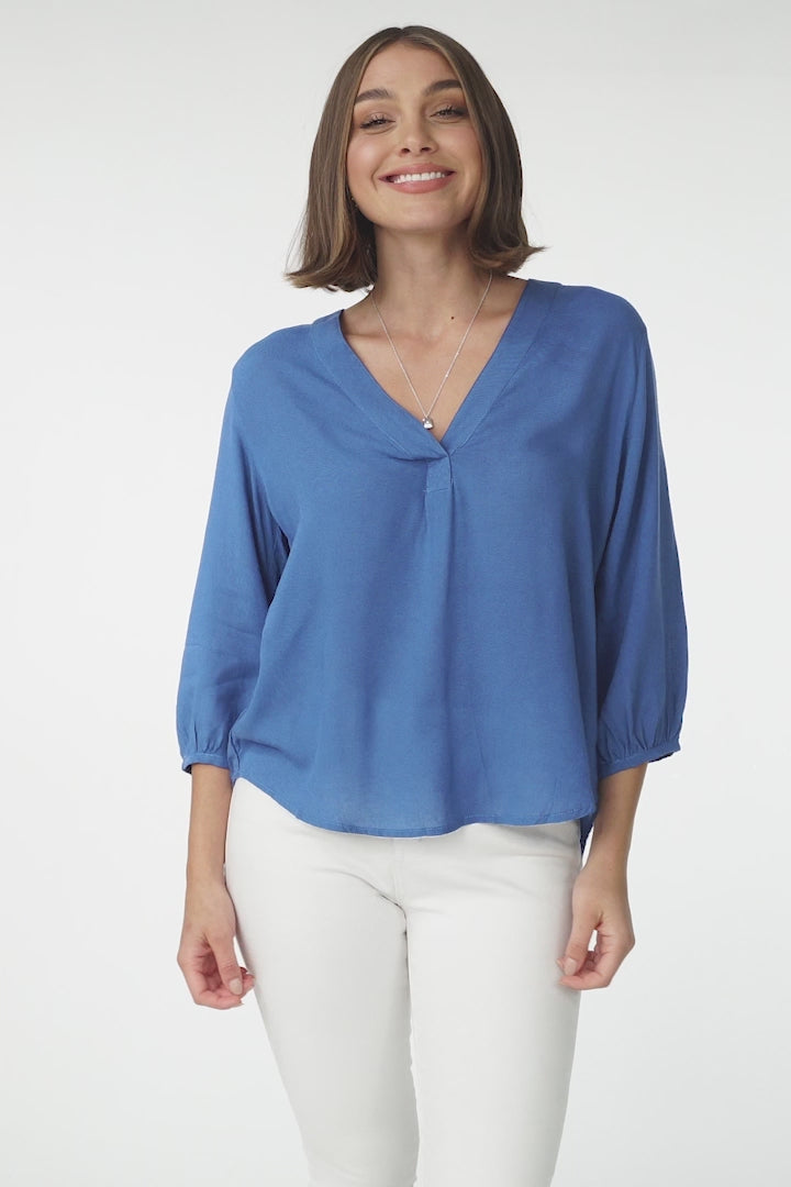 Brenda Top - V Neck 3/4 Sleeve with Button Cuff High-Low Hem Top in Blue