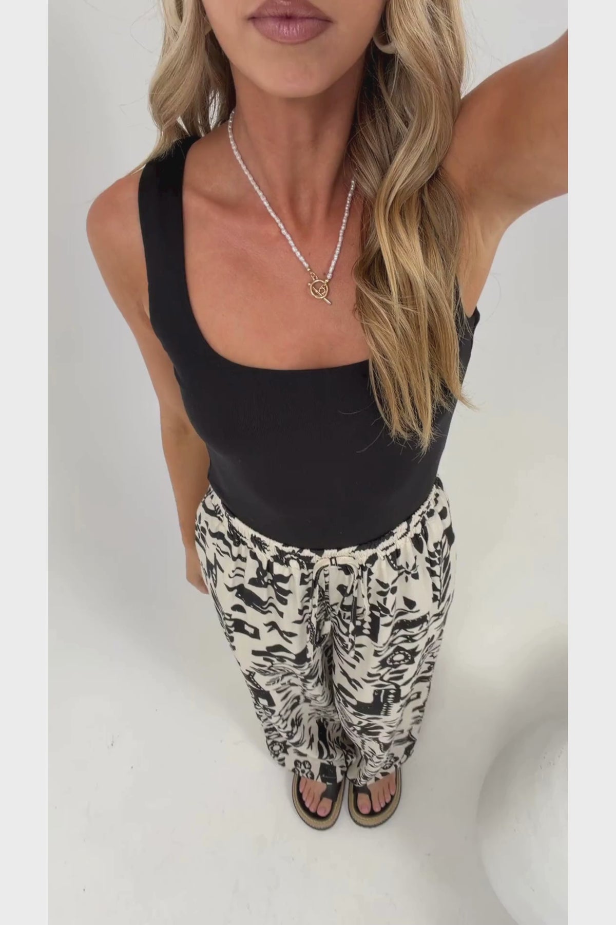 Ebony Pants - High Waisted Wide leg Pants with Elasticated Waistband and Pockets in Noir Bloom Print