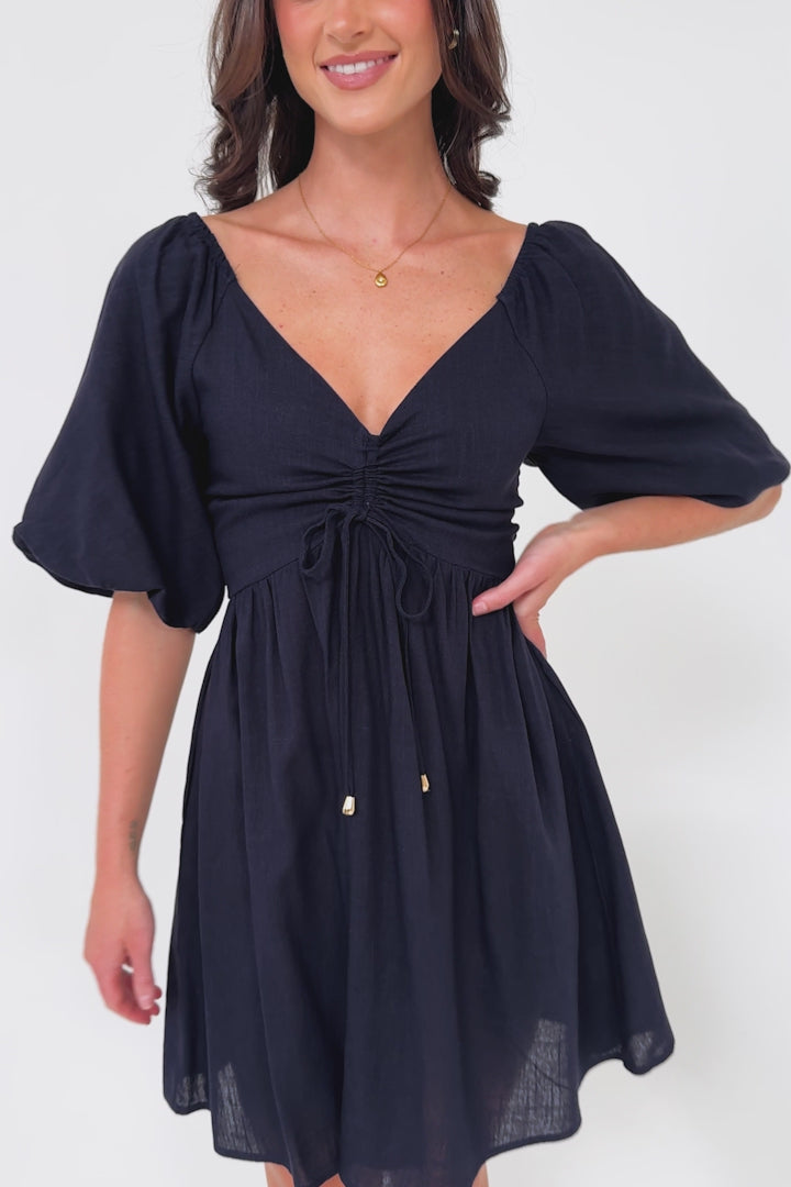 Justina Mini Dress - V-Neck Gathered Bodise On or Off Shoulder Mini Dress in Navy