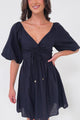 Justina Mini Dress - V-Neck Gathered Bodise On or Off Shoulder Mini Dress in Navy