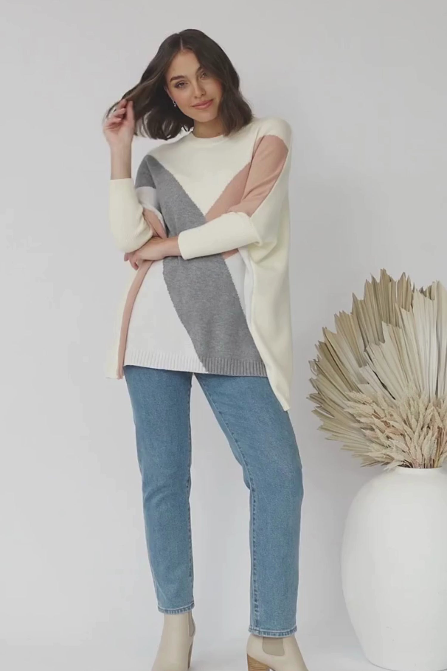 Reed Jumper - Colour Block Batwing Long Sleeve Knit in Cream