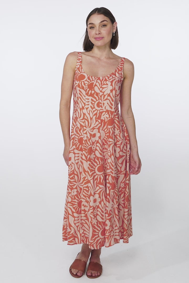 Truely Midi Dress - Scoop Neck Sun Dress with Adjustable Straps in Athena Print Coral