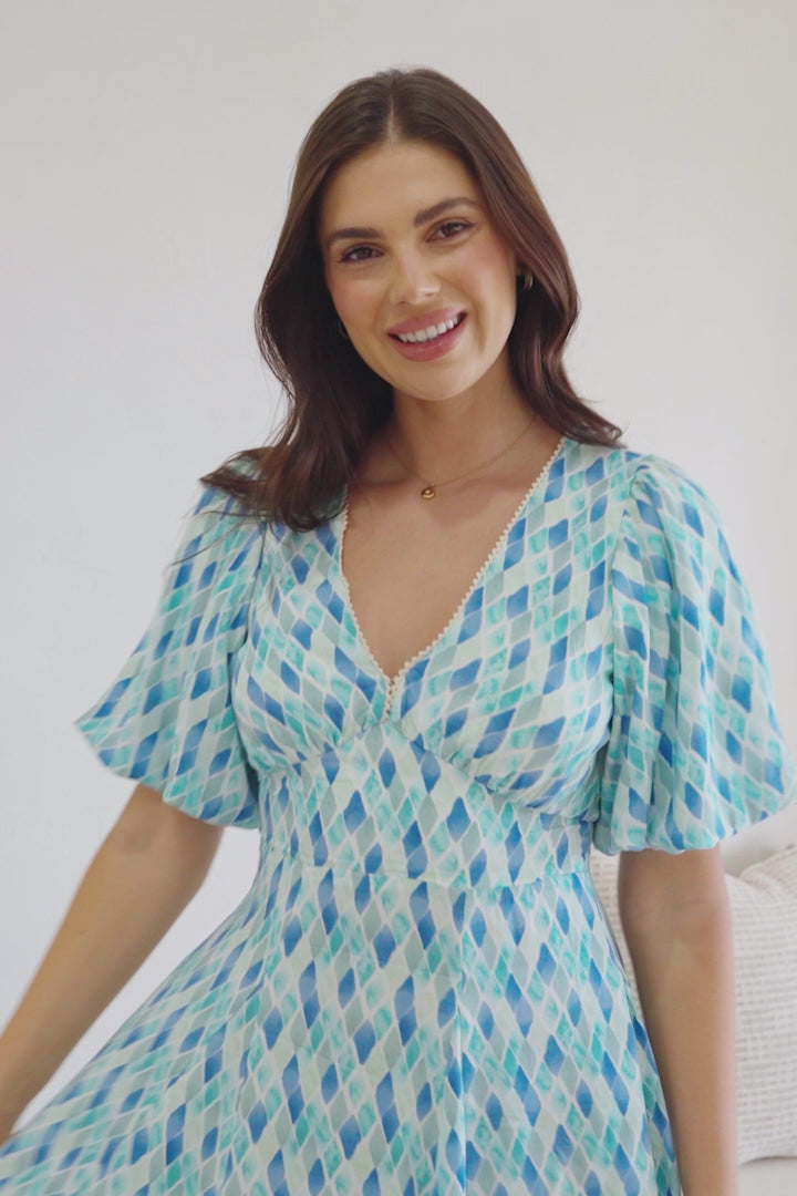 Irisa Midi Dress - Lace Trim V-Neck A-Line Dress with Balloon Sleeves in Pasha Print