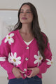 Daisy Belle Cardigan - Cropped Thick Knit Cardigan with Flower Decals in Hot Pink