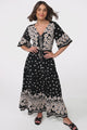 Rae Maxi Dress - Buttoned Bodice Pull Waist A Line Dress in Valia Print Black