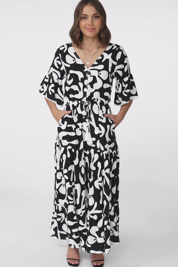 Demy Maxi Dress - Cap Sleeve Lace Trim A Line Dress in Jaxie Print Black