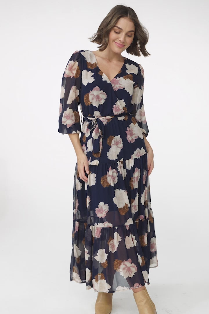 Valina Maxi Dress - Cross Over V Neckline Tiered Dress in Vika Print Navy