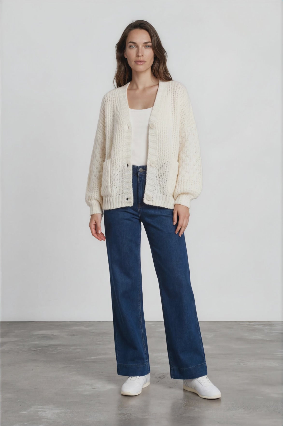 Grayson Cardigan - V-Neck Button Front Knit with Pockets and Balloon Sleeves in Cream