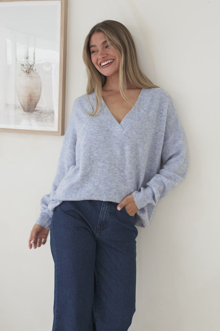 Donoven Jumper - V Neck Lightweight Knit with Ribbed Hemlines in Light Denim Blue