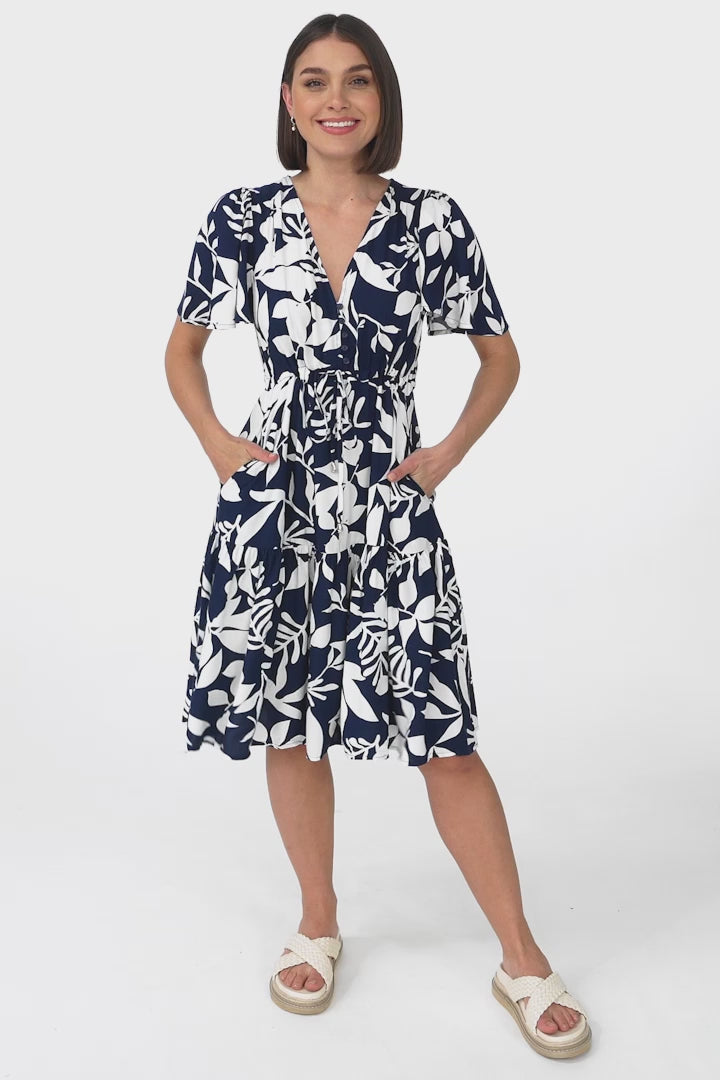 Hazel Mini Dress - Buttoned Bodie A Line Dress With Flute Sleeves In Anvi Print