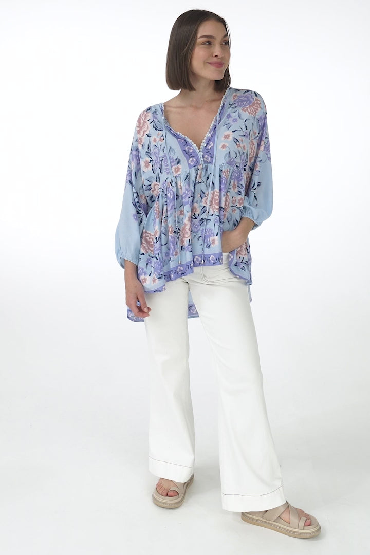 JAASE - Chloe Top: Very Oversized Crochet Trim Neckline Smock Top in Heaven Print