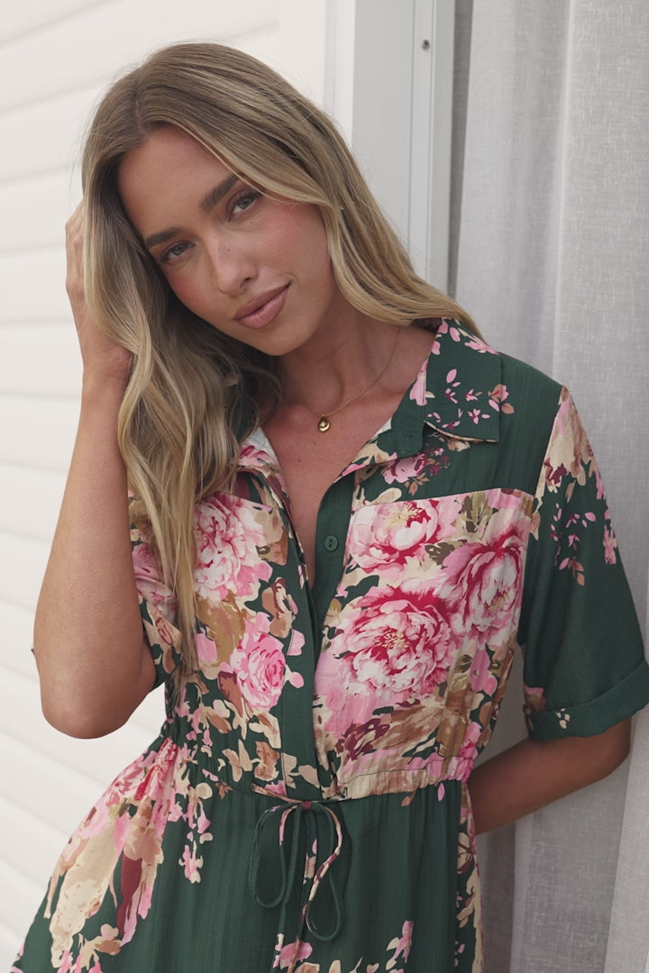 Apryl Mini Dress - Collared Short Sleeve Dress with Pull Tie Waist in Vela Print Emerald