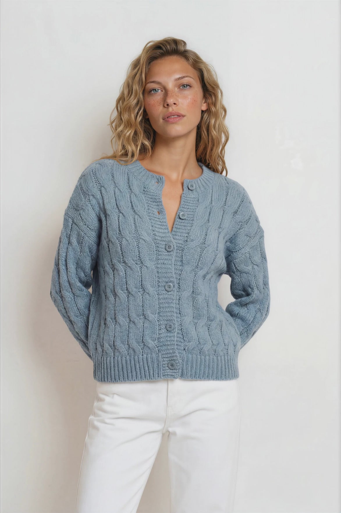 Aspen Cardigan - Crew Neck Button Front Short Polo Knit in Blue