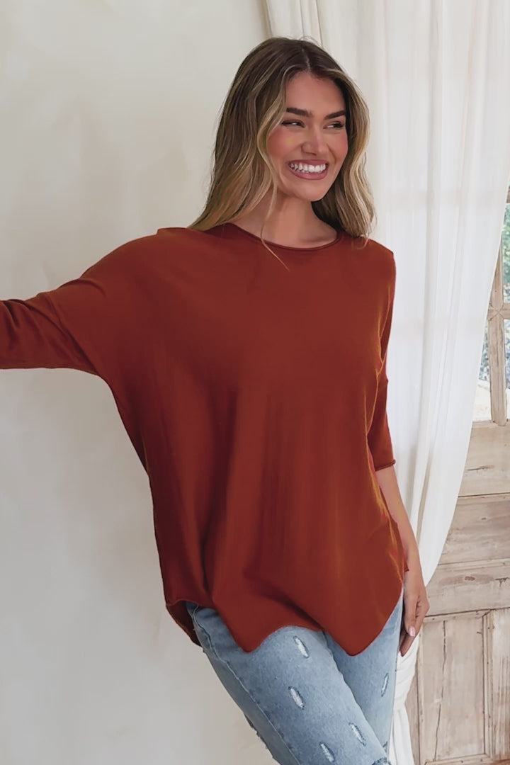 Allegra Knit Top - Crew Neck Curved Hem Box Silhouette Top in Burnt Orange