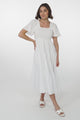 Maraya Midi Dress - Cape Sleeve Elasticated Bodice A-Line Dress in White