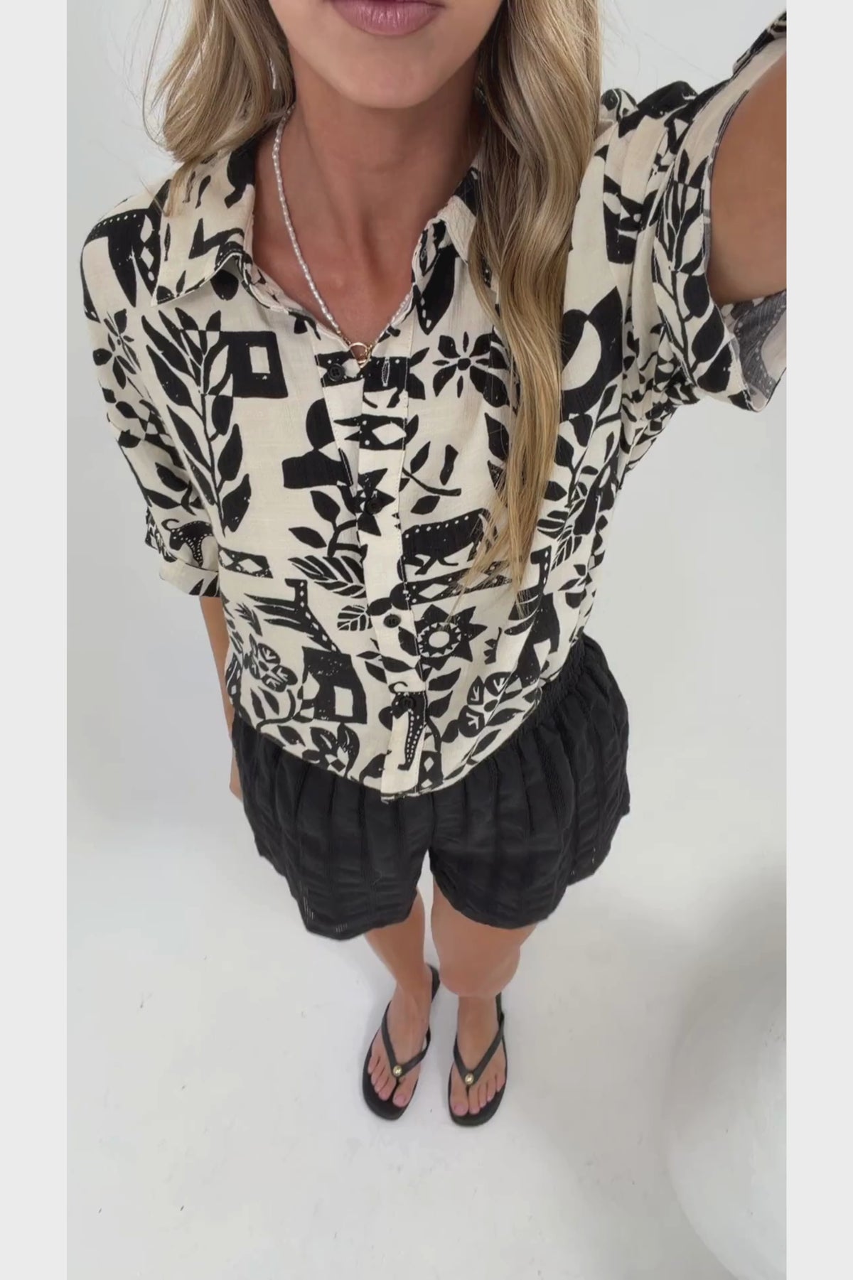 Sahara Shirt - Collared Button Down Shirt with Short Sleeves in Noir Bloom Print